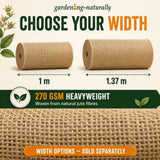 A product informational graphic for garden hessian rolls showing two width options: 1 m and 1.37 m.
