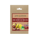 A package of gardening naturally Horse Chestnut Leaf Miner Refill, shown in its brown kraft paper hanging seed packet with a label featuring chestnuts and yellow miner's traps.