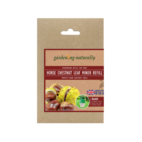 A package of gardening naturally Horse Chestnut Leaf Miner Refill, shown in its brown kraft paper hanging seed packet with a label featuring chestnuts and yellow miner's traps.
