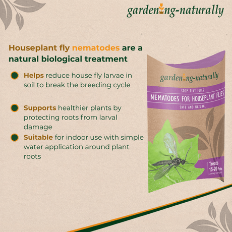 Package of garden-naturally houseplant fly nematodes with text on a beige background