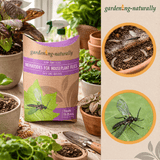 Gardening Naturally product packaging with plant pots and gardening tools on a table.