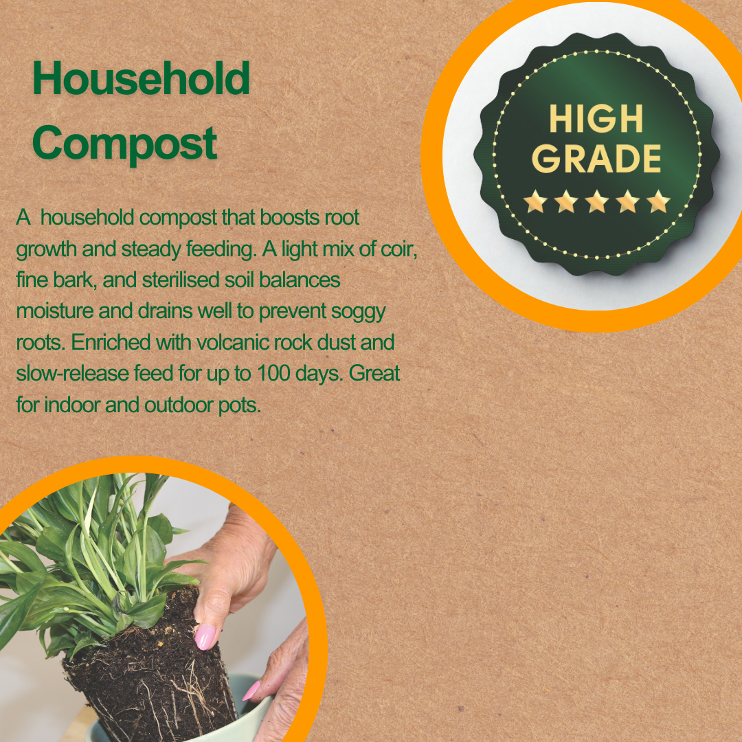 Household compost described with badge showing high grade and soil being potted into a pot