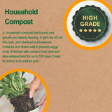 Household compost described with badge showing high grade and soil being potted into a pot
