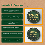 houseplant compost benefits list and badges promoting natural soil mix and special blend
