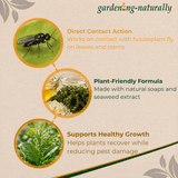 Gardening Naturally product description with images of a fly, plant leaves, and natural ingredients on a beige background.