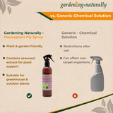 Comparison chart between 'Gardening Naturally' houseplant fly spray and a generic chemical solution.