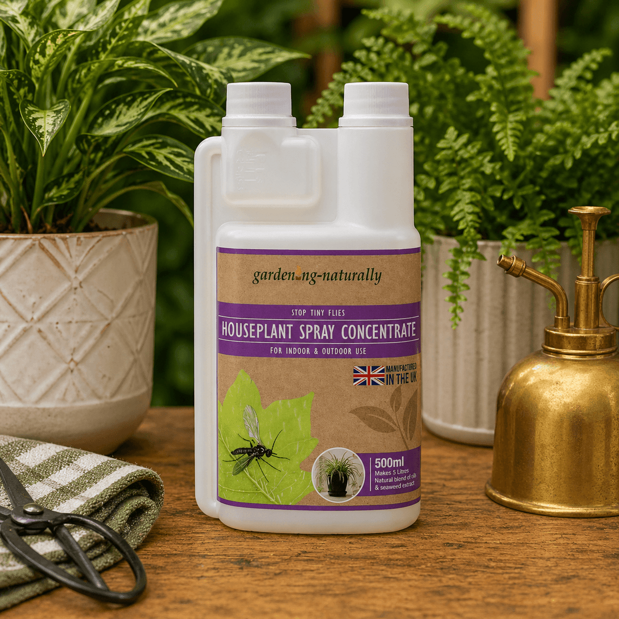 Houseplant spray concentrate bottle with a gold sprayer and plants in the background on a wooden surface.