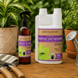 Houseplant care products including a spray bottle and concentrate on a wooden surface with plants in the background.