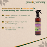 Houseplant fly spray and concentrate with a bottle on a beige background, featuring the brand 'gardening-naturally'.