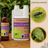 Houseplant spray concentrate and fly spray bottle with gardening-themed packaging.