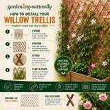 Gardening naturally willow trellis installation guide with a brick wall and plants.