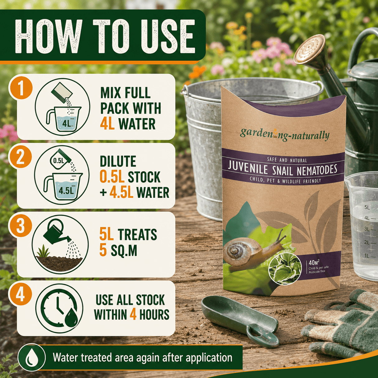 A gardening instruction graphic showing how to use garden-ng-naturally Juvenile Snail Nematodes. The left side features a four-step numbered guide with icons and text for mixing, diluting, treating, and application.