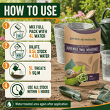 A gardening instruction graphic showing how to use garden-ng-naturally Juvenile Snail Nematodes. The left side features a four-step numbered guide with icons and text for mixing, diluting, treating, and application.
