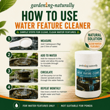 Instructions on how to use water feature cleaner with a product image and branding.