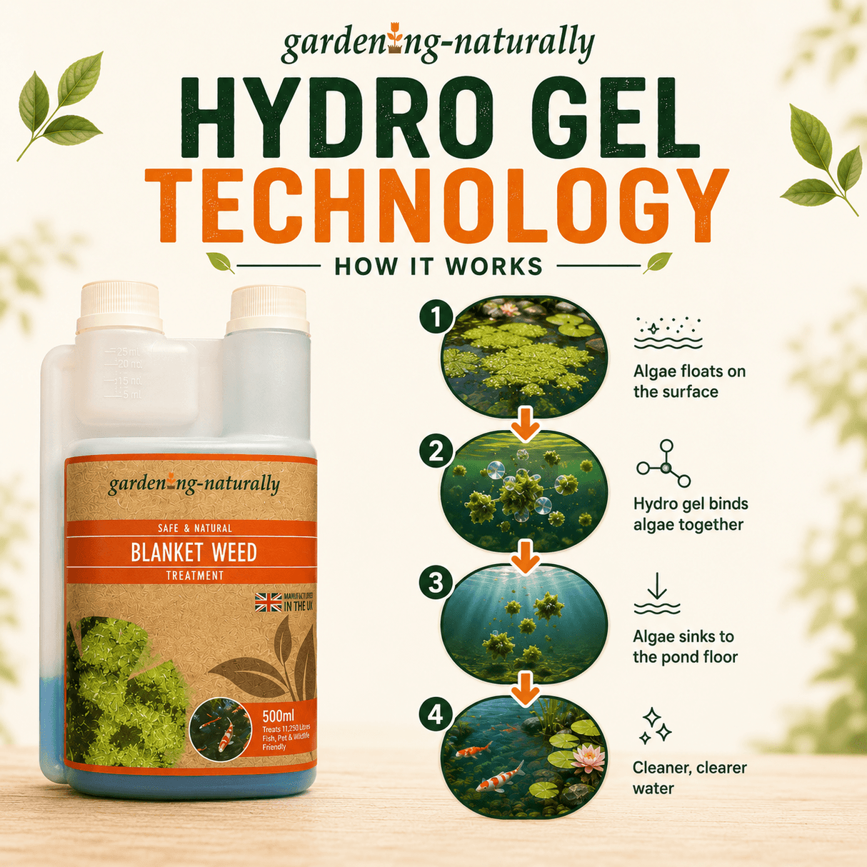 BlanketWeed Hydro Gel Technology, showing a 500ml bottle of the treatment on the left and a four-step diagram on the right explaining how the hydro gel binds algae on water.