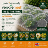 VeggieMesh insect netting packaging with text and images of plants and pests.