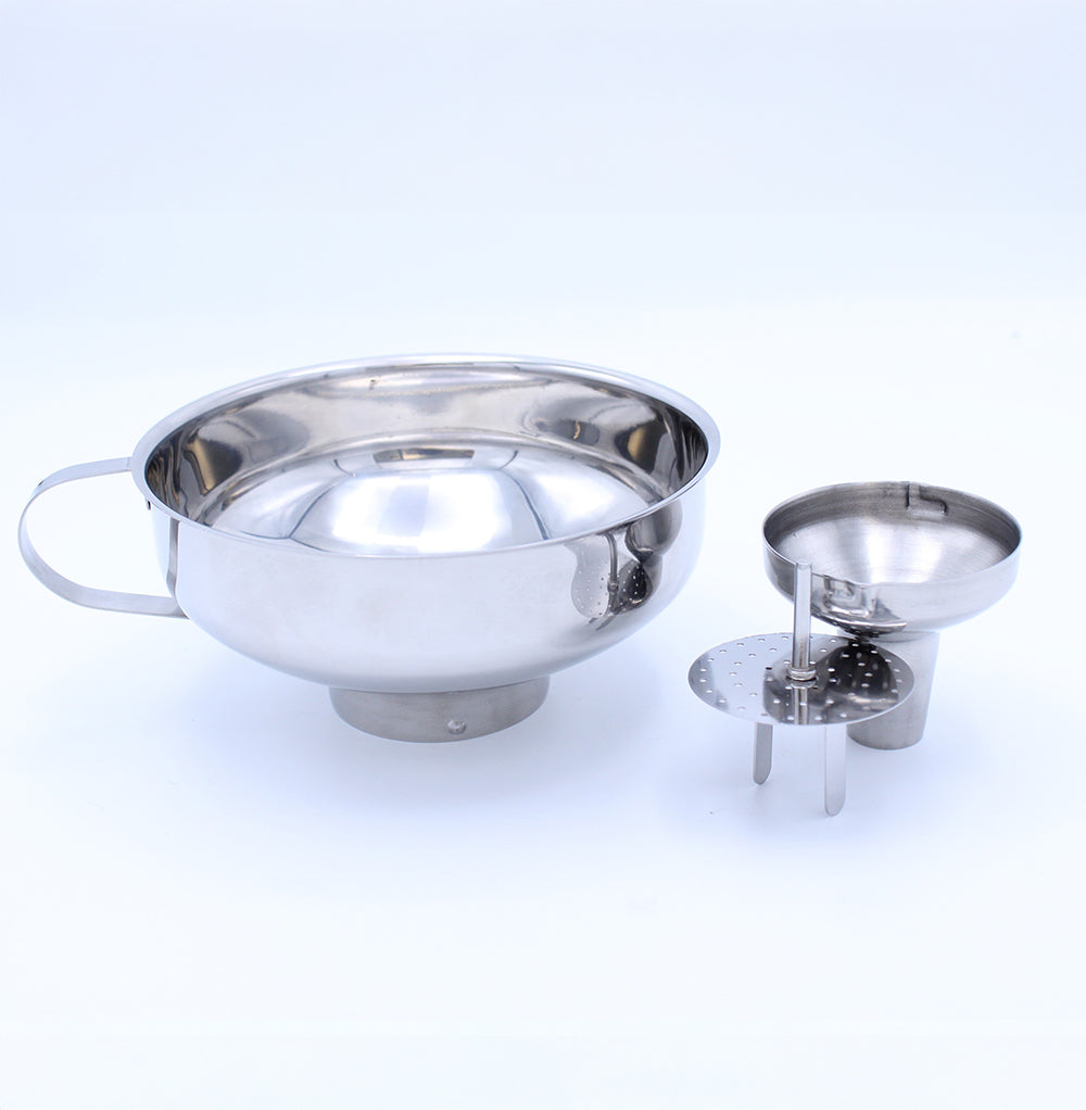Stainless steel funnel with handle and separate filter on a white background