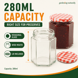 A clear glass hexagonal jar with a red-and-white gingham lid, shown alongside a filled preserve jar and a separate lid on a light beige background with promotional text reading 280ML capacity and feature callouts.