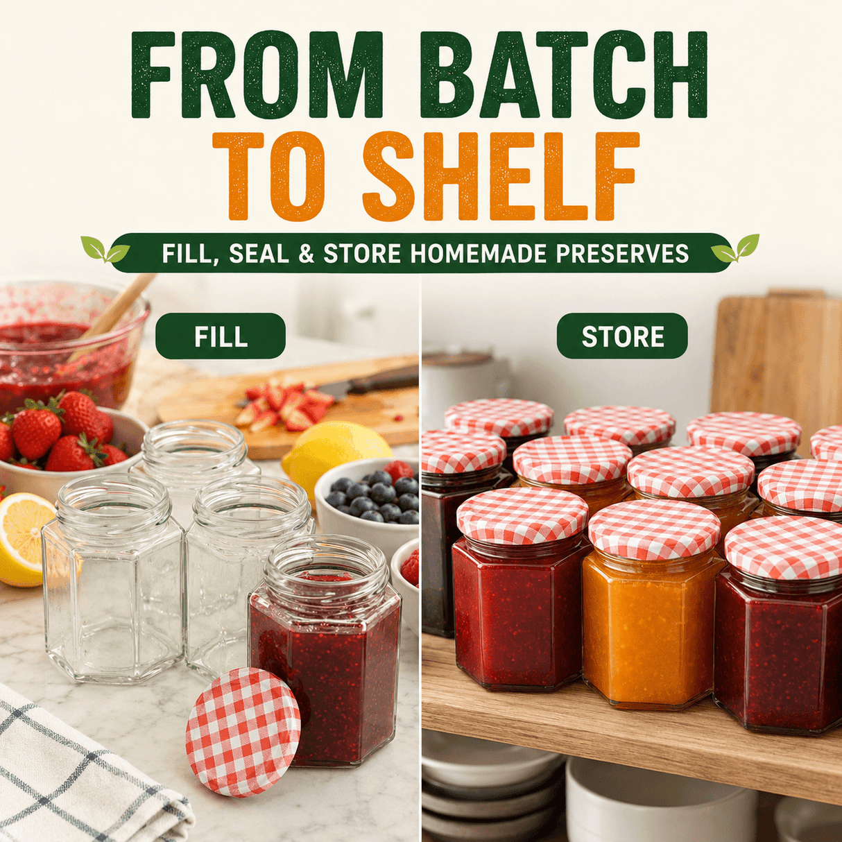 Promotional collage for a jar lid set with the headline 'FROM BATCH TO SHELF' and 'FILL, SEAL & STORE HOMEMADE PRESERVES.' The left side shows empty clear glass jars with strawberries, berries, and lemon props, labeled 'FILL.