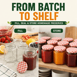 Promotional collage for a jar lid set with the headline 'FROM BATCH TO SHELF' and 'FILL, SEAL & STORE HOMEMADE PRESERVES.' The left side shows empty clear glass jars with strawberries, berries, and lemon props, labeled 'FILL.