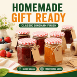 Promotional graphic for a jar of homemade gingham jam, showing several clear glass jars with red-and-white checkered lids, kraft paper tags, and jam in dark red and orange tones on a wooden surface. Large text reads 'HOMEMADE GIFT READY' and 'CLASSIC GINGHAM FINISH,' with smaller callouts for 'CLEAR GLASS' and 'TRADITIONAL LOOK.