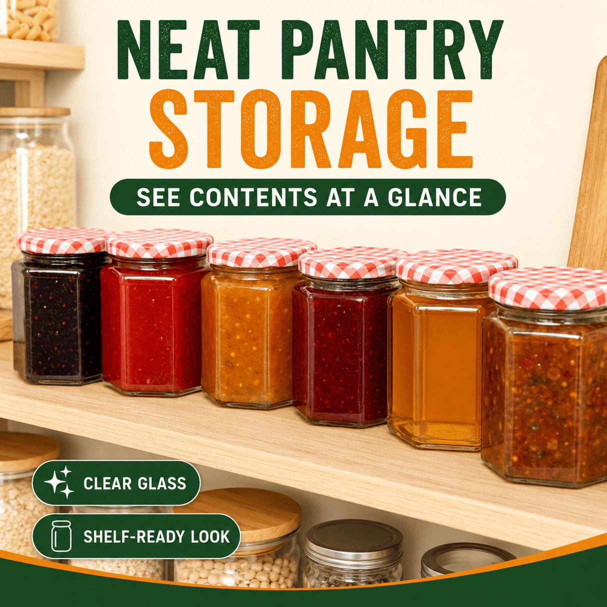 Six glass jars filled with colorful preserves and chutney arranged on a wooden pantry shelf, with large text reading 'NEAT PANTRY STORAGE' and smaller callout badges including 'CLEAR GLASS' and 'SHELF-READY LOOK'.