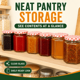 Six glass jars filled with colorful preserves and chutney arranged on a wooden pantry shelf, with large text reading 'NEAT PANTRY STORAGE' and smaller callout badges including 'CLEAR GLASS' and 'SHELF-READY LOOK'.