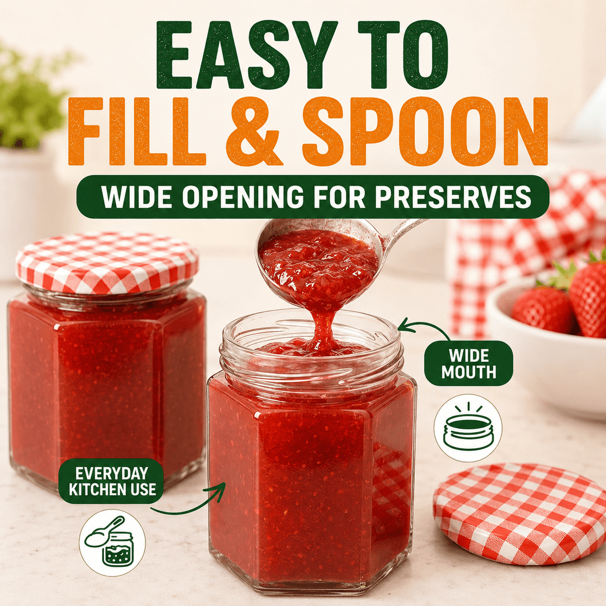 A jar of red strawberry jam shown open with a spoonful of jam being lifted, alongside another sealed jar with a red-and-white check lid and text reading 'EASY TO FILL & SPOON' and 'WIDE OPENING FOR PRESERVES.'.