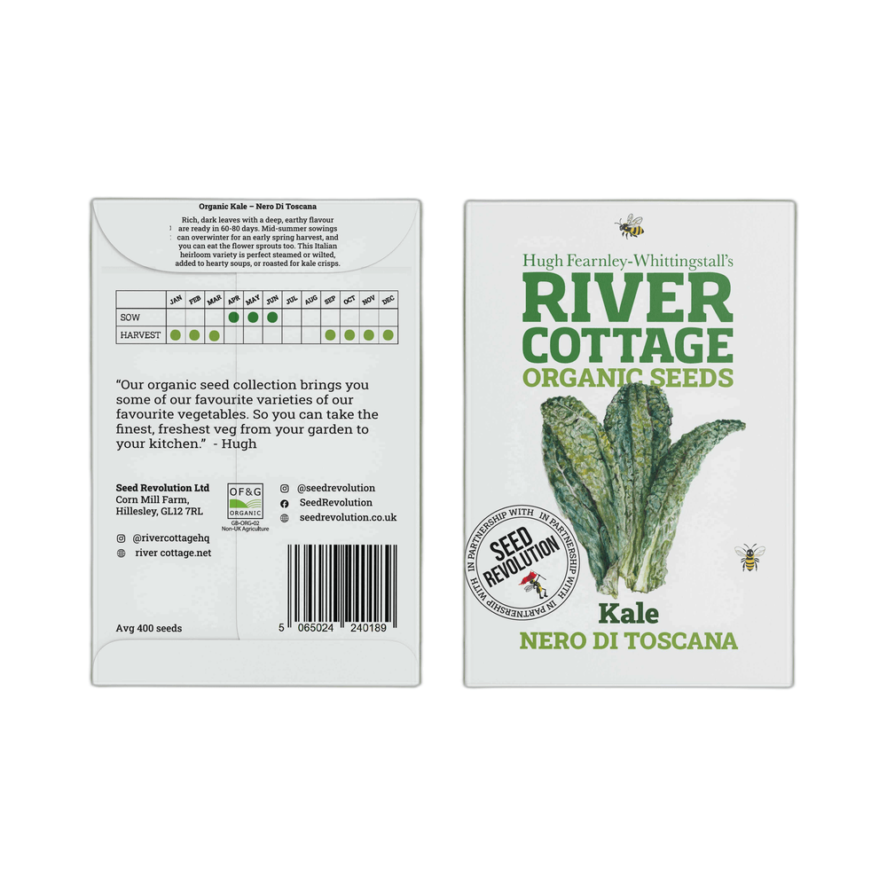 River Cottage Organic Seeds packaging for Kale Nero di Toscana on a white background