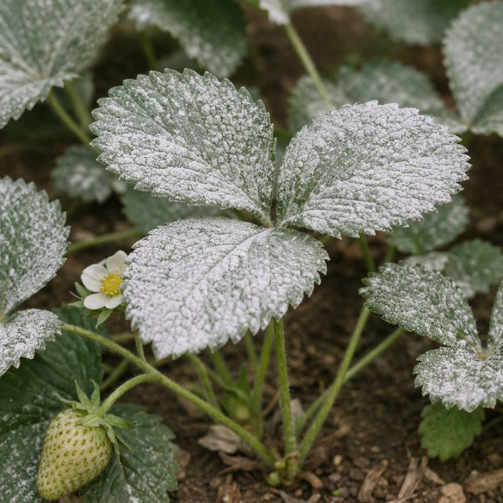 Strawberry plant leaves coated with kaolin clay treatment