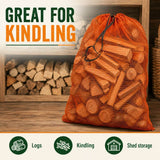 An orange mesh drawstring bag filled with firewood logs and round wood pieces, shown on a wooden surface with a stacked firewood background. Large text reads 'GREAT FOR KINDLING,' and icons at the bottom mention logs, kindling, and shed storage.