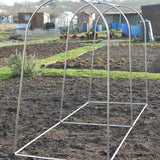 Small fruit cage on allotment with no netting made from aluminium hoops and poles