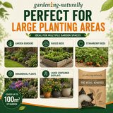 Promotional graphic for gardening-naturally Vine Weevil Nematodes, showing six garden use examples (garden borders, raised beds, strawberry beds, ornamental plants, large container displays) and the product package on a light cream background with green and orange text.