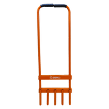 Orange garden rake with a black handle on a white background