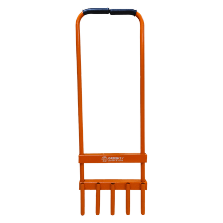 Orange garden rake with a black handle on a white background