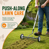 A person in jeans and a green shirt uses a push-along lawn care tool with a metal spiral blade on a green lawn. The left side has a cream-colored graphic panel with the text 'PUSH-ALONG LAWN CARE' and product benefits.