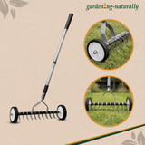 Garden roller with close-up details on a beige background with 'gardening-naturally' branding.
