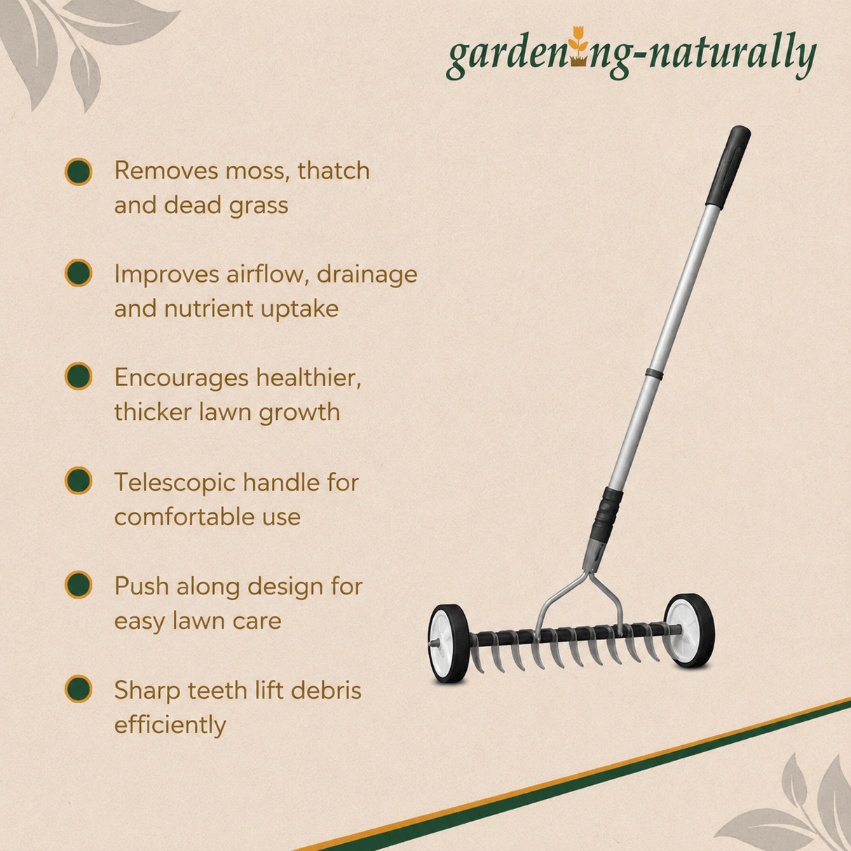 Garden rake with features listed on a beige background, branded 'gardening-naturally'.
