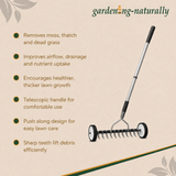 Garden rake with features listed on a beige background, branded 'gardening-naturally'.