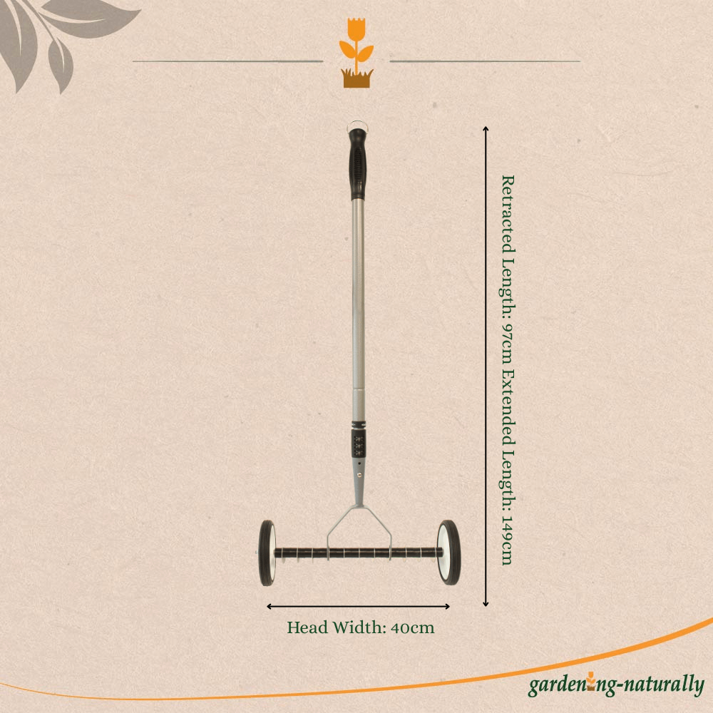 Garden lawn scarifier with measurement details on a beige background