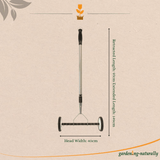 Garden lawn scarifier with measurement details on a beige background