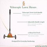 Telescopic lawn shears with handle length adjustment features on a white background