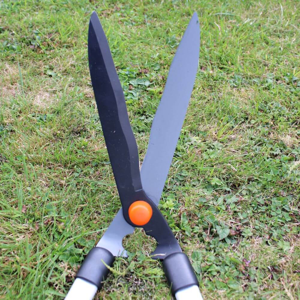 Gardening shears with black handles and an orange button on a grass background