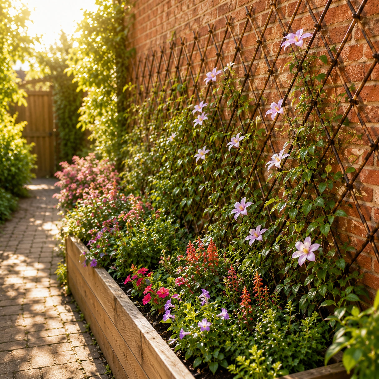 Floral garden with a brick wall and trellis in a sunlit garden.