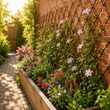 Floral garden with a brick wall and trellis in a sunlit garden.