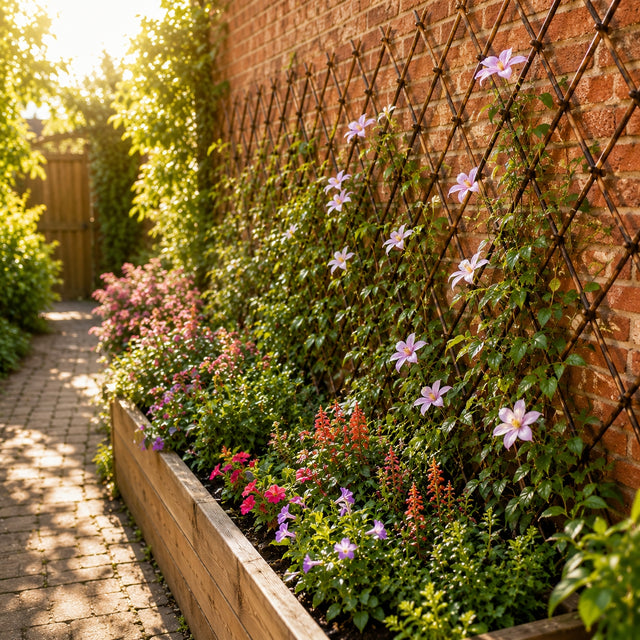 Floral garden with a brick wall and trellis in a sunlit garden.