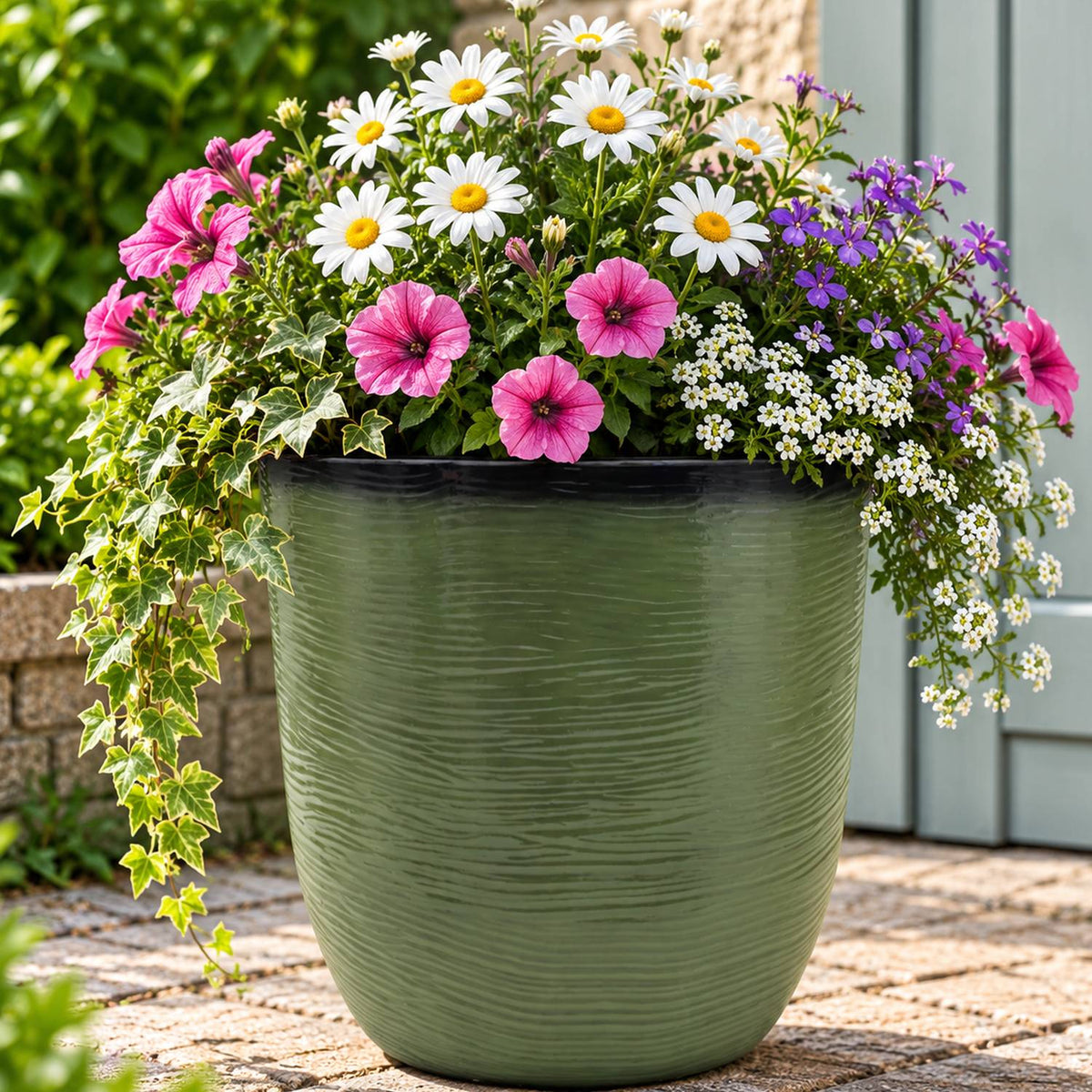 Light green pot with flowers inside