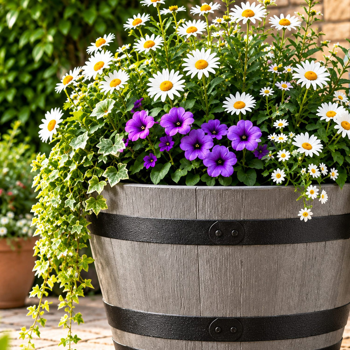 light grey barrel planter with flowers