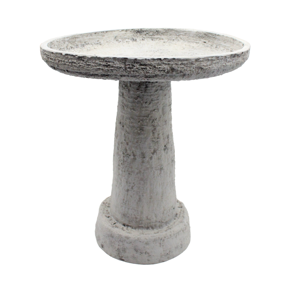 light grey bird bath on a white background