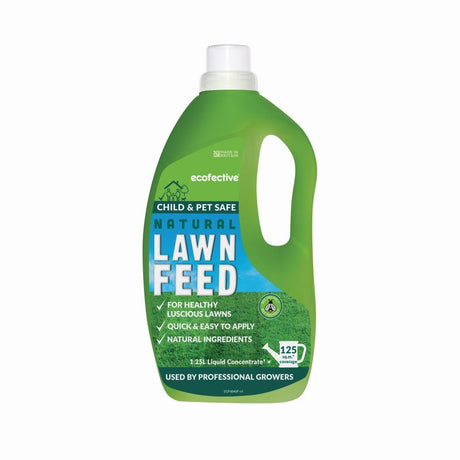 A bottle of ecofective natural liquid lawn feed with a green label, indicating it is child and pet safe.